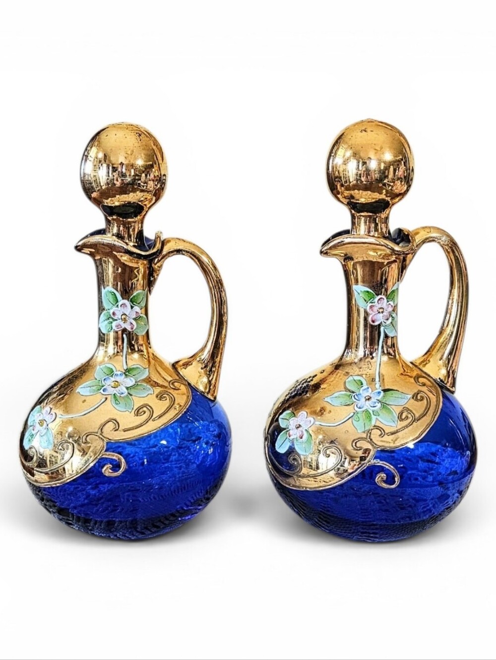 Murano Art Glass Cobalt Blue 24K Gold & Enameled HP Flowers CRUET Decanter 2
